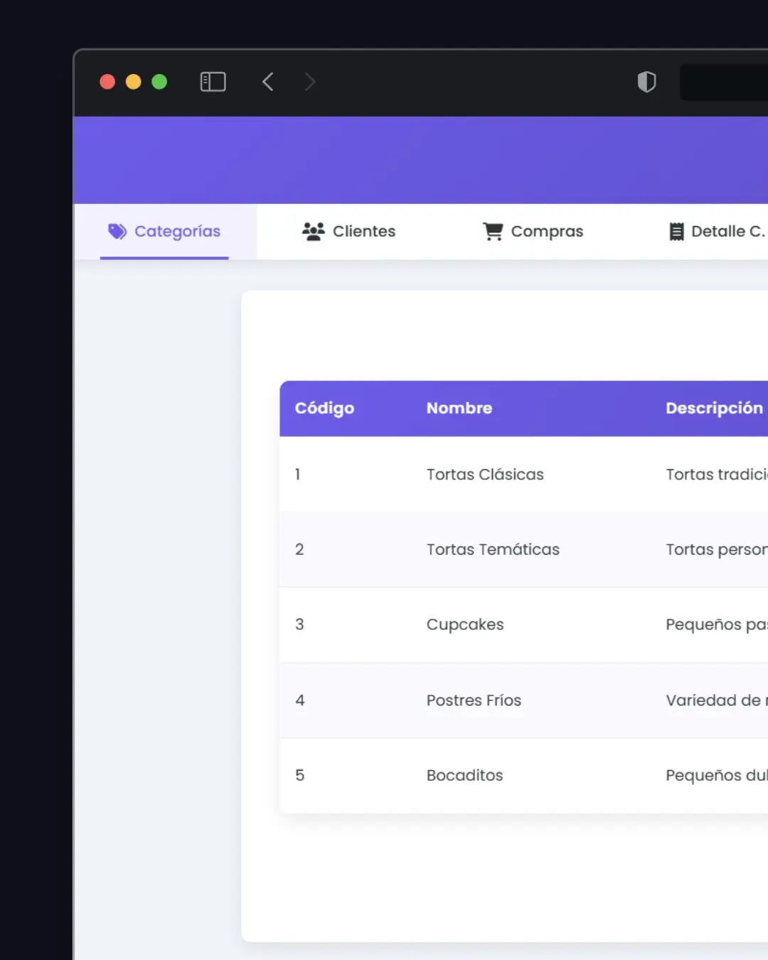 Captura de pantalla del proyecto Sistema de Gestión para Pastelería